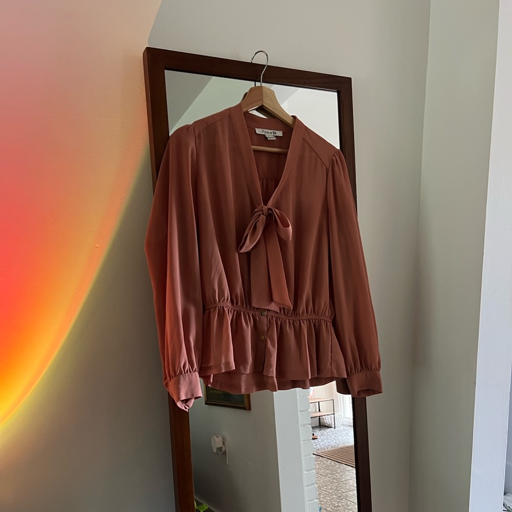 Forever21 Rust Tie-Neck Peplum Blouse